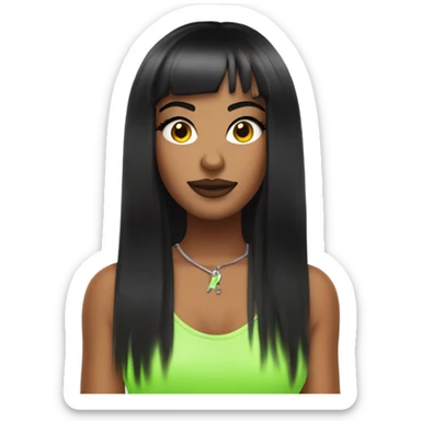 Tanned woman with long black hair dressed in Y2K hip hop hair, makeup, and neon attire sticker