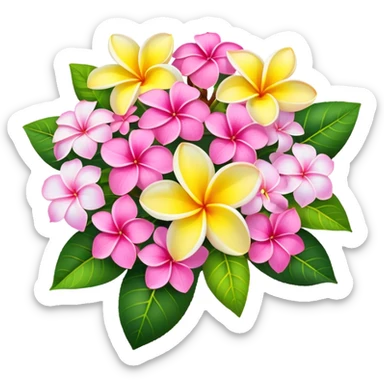 Bouquet of pink and yellow plumeria flowers and hydrangea flowers  sticker