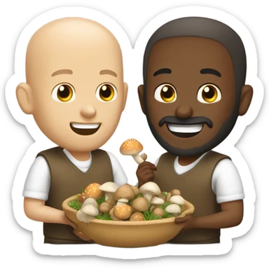 Bald white man with beard and curly brown man eating mushrooms sticker