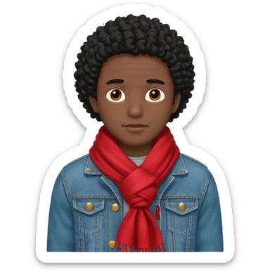 black skin man, curly black hair wear big red scraft, jean jacket sticker