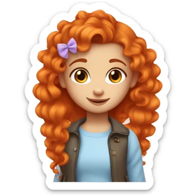 a Small girl with saturated orange hair that is curly and long but with a smaller pony tail on the said with a pink heart hair clip. blue eyes sticker