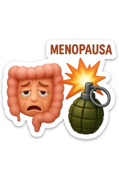EMOJI STILE IPHONE 3D DI INTESTINO ANZIANO CON RUGHE SFINITO CON ESPRESSIONE STANCA, ACCANTO A LUI SCOPPIA UNA GRANATA 3D CON LA SCRITTA "MENOPAUSA" SOPRA sticker