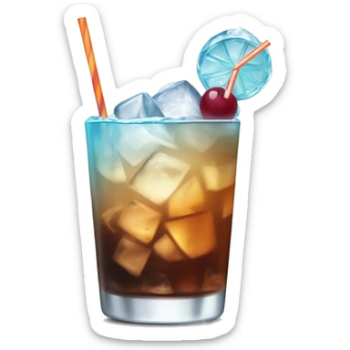 a highball cocktail with 2 color gradient, brown to clear, with crush ice and a straw sticker