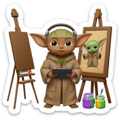 Baby Yoda in his brown robe listening music on his headphones, painting a picture on an easel and surrounded by paint pots. sticker