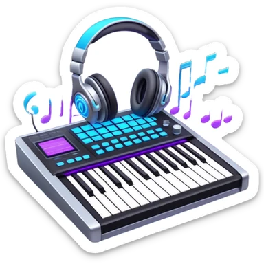 Create a sleek and professional emoji that represents sound design equipment. The design should feature a sound mixing console with faders, a synthesizer, and studio headphones to symbolize the tools used in sound design. Add waves of musical notes surrounding the equipment to represent the dynamic nature of sound creation and manipulation. Use colors like neon blue, purple, silver, and black to convey a modern, creative, and technical vibe. The background should be transparent. sticker