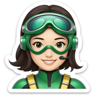 green Power Ranger, Asian girl with long, less wavy dark brown hair, side parting, smiling, wearing scuba goggles sticker