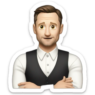 tim robinson dark black slicked back hair white long sleeve ring collar waffle shirt with a light white cream grey vest sticker