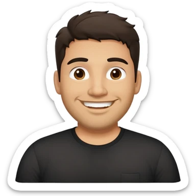 Hombre ancho, cuerpo grande, latino piel canela, cara redonda-ancha, scruff sin barba completa, cejas gruesas, pelo oscuro ondulado flat largo hasta el cuello. Sonrisa amplia, expresión alegre. Camisa negra. Size large.  sticker