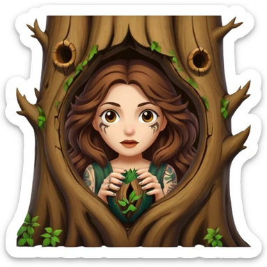 ute forest witch woman long wavy brown hair tattoos peeking from tree hollow sticker