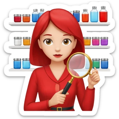 white empty shelf in perspective view with a standing woman nearby, she is looking at the shelfs with a magnifying glass, she is turned to the shelfs, woman wearing a red dress sticker