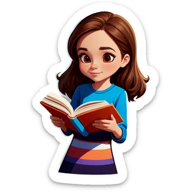 brown haired girl, light colored skin, reading a book. sticker