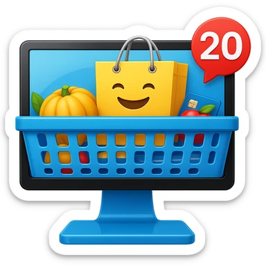Create a high fidelity emoji style variant with smooth edges featuring a desktop monitor, shopping basket, emoji shopping bag, and a credit card as in the reference image. sticker