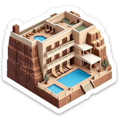 Isometric exterior brown and beige Grand Canyon national park hotel lodge, dollhouse style 3D realistic  sticker