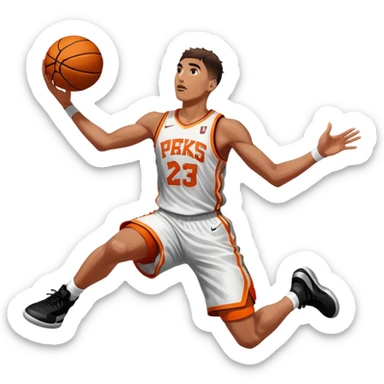 An icon showing a close-up of a basketball player in mid-air, performing an impressive dunk, inspired by NBA 2K25. The player is focused, with the ball in hand and the court in the background. Bright lights emphasize the action and excitement. Transparent background. sticker