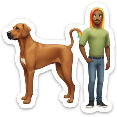 white male with long rainbow colored hair standing alongside a brown rhodesian ridgeback sticker