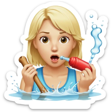 blond woman eating a wide stick the same color as her skin, with a round knob on the edge, water stream squirting directly from the knob into her open mouth, surprised expression sticker