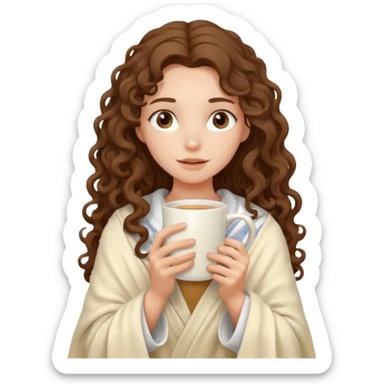 a slender girl with fair skin with long curly brown hair her shoulders are covered with a cream blanket in her hands a white mug her face is calm sticker