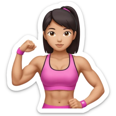 Athletic Asian girl show biceps wearing pink sticker