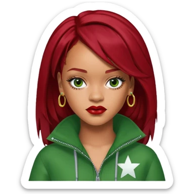 Rihanna dark red hair, green outfit sticker