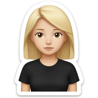 girl with blonde straight hair, brown eyes, wearing black t-shirt sticker