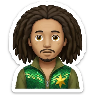 Bob Marley with long dark brown hair, olive sequin outfit sticker