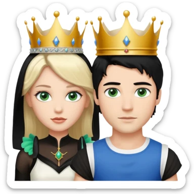 Prince with crown, black hair, blue eyes, woman blonde hair, green eyes, sexy white short sleveless dress,  sticker