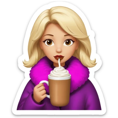 Tanned Girl with lashes , blonde hair, in an extremely big fluffy oversized coat and hold hot chocolate drink and vertically short eyes , big lip sticker