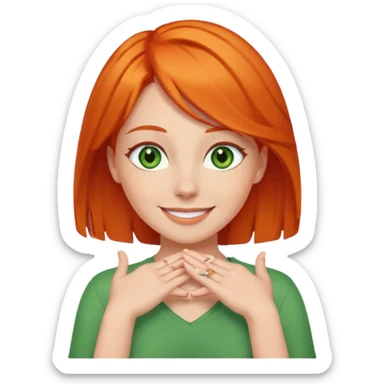 woman with green eyes and orange hair putting her pis on her shoulders (pose) happily  sticker