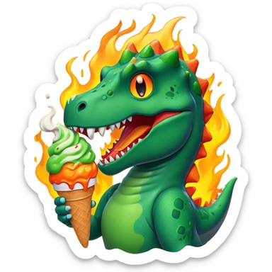 Dinosaur with ice cream and fire behind it sticker