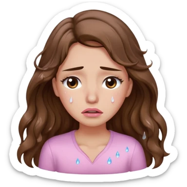 girl with wavy long brown hair, brown eyes, light to medium complexion, long lashes, light pink lipstick, wearing light pink shirt, crying big big tears sticker