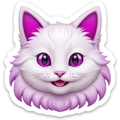 White cat smiling with teeth showing, pink inner ears, magenta purple eyes sticker