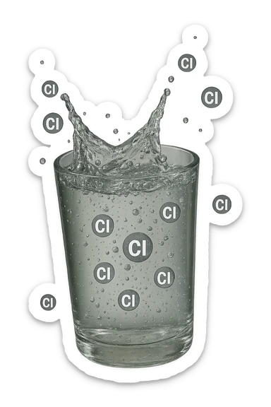 un bicchiere di acqua cade verticalmente dall'alto realistico e dettagliato, dentro l'acqua del bicchiere ci sono particelle di cloro ben visibili con la scritta "Cl" sopra, ci sono particelle anche che escono dal bicchiere e fluttuano in aria verticalmente, mentre alcune sono all'interno dell'acqua nel bicchiere, iperrealistico 4k sticker