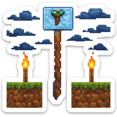 Add animated elements such as flickering torches, moving clouds, or a waving pickaxe, keeping the pixel art Minecraft Twitch starting soon theme. Preserve transparent background in pixel art style. sticker