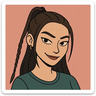 Create a cartoon style face that very closely matches the girl's facial features, hairstyle, and confident, slightly mischievous expression from the reference image. Focus on accuracy and capturing her unique look, in a cute but slightly mysterious cartoon style. sticker