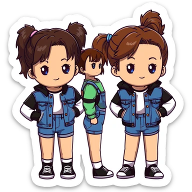 Two anime girls who are best friends, both with brown shoulder length hair. First girl has blue-green eyes, wearing black and white striped t-shirt, denim jacket, and denim shorts. Second girl has brown eyes, wearing denim overalls, with hair in a ponytail secured by a claw clip. sticker