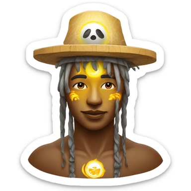 Shamanic rituals for influencing weather, shaman wearing belgian soccer team bucket hat, sun is shining sticker