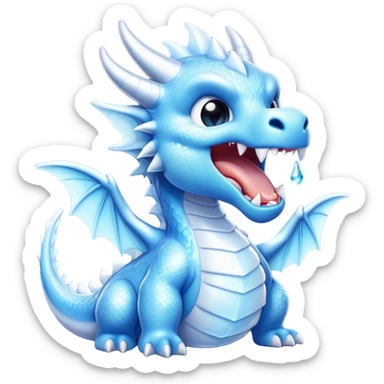 Cinematic Cute Yawning Beautiful Ice Dragon Portrait Emoji, Head tilted slightly with a dramatic, wide-open yawn, revealing a softly crystalline body with subtly drooping, frost-laden scales in cool blues and silvery hues, each detail rendered with natural icy finesse; high shine, relaxed yet elegant, styled with a dash of enchanted winter charm, soft glowing outline, capturing the essence of a sleepy yet graceful ice drake ready to stretch out and melt into a serene, frozen slumber! sticker