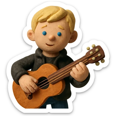 young blonde boy in a black jacket playing a guitar in claymation style sticker
