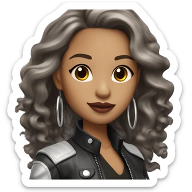 Light skin Glamour brunette in leather jacket long wavy dark hair and silver hoop earrings sticker