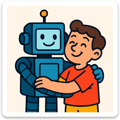 robot hugging human, in a friendly cartoon style sticker