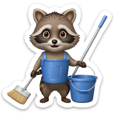 raccoon emoji with a mop and bucket, minimal details, cheerful, apple emoji style sticker