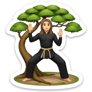 pratiquant de qi gong, homme aux cheveux long, en position de l'arbre, en tenue noire ou blanche. L'image ne contiendra pas d'arbre sticker