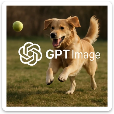  logo of chat gpt with text "GPT Image" on the background of a dog chasing ball, realistic image sticker
