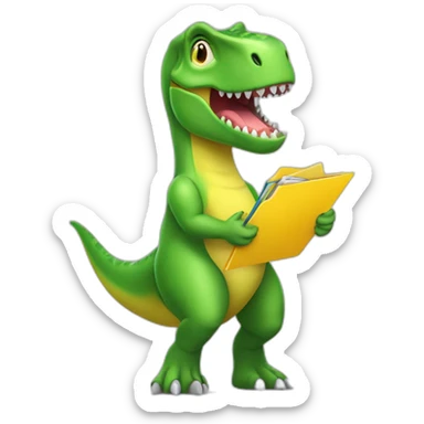Green T-Rex dinosaur with yellow folder in hand sticker