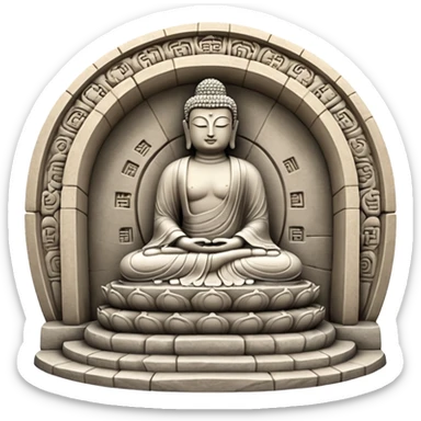 Seokguram entrance and interior Buddha statue, stone semi-circular structure, Buddha peacefully seated, traditional Korean temple atmosphere sticker