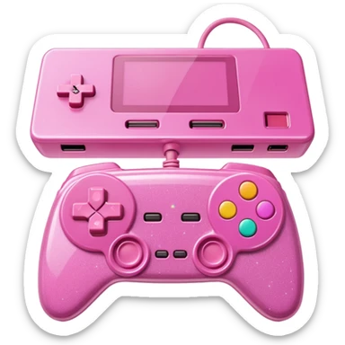 glittery pink 90s retro game console with pink corded controller next to it sticker