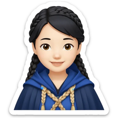 braid black hair, white asian girl, dark blue cloak, happy smile sticker