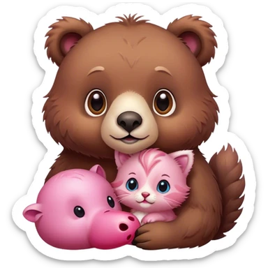 A cute realistic brown bear with a realistic cute pink dodo closely together, and a brown kitten sticker