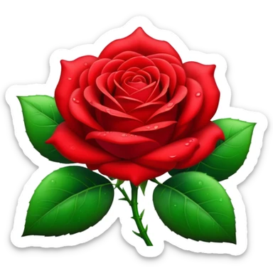 Cinematic Realistic Rose Emoji, Elegant and full of grace, with velvety, deep red petals unfurling in a perfect bloom, dew drops glistening on the soft edges, and a faint fragrance hanging in the air. The lush green leaves surround the stem, creating a vibrant contrast to the rich color of the petals. Soft glowing outline, capturing the essence of timeless beauty and romance in a single bloom. sticker