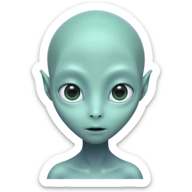 Portrait of an alien with smooth greenish-blue skin, large black oval eyes, small nose, and no visible ears, elongated head, front-facing, calm expression, soft glow, simple futuristic design sticker